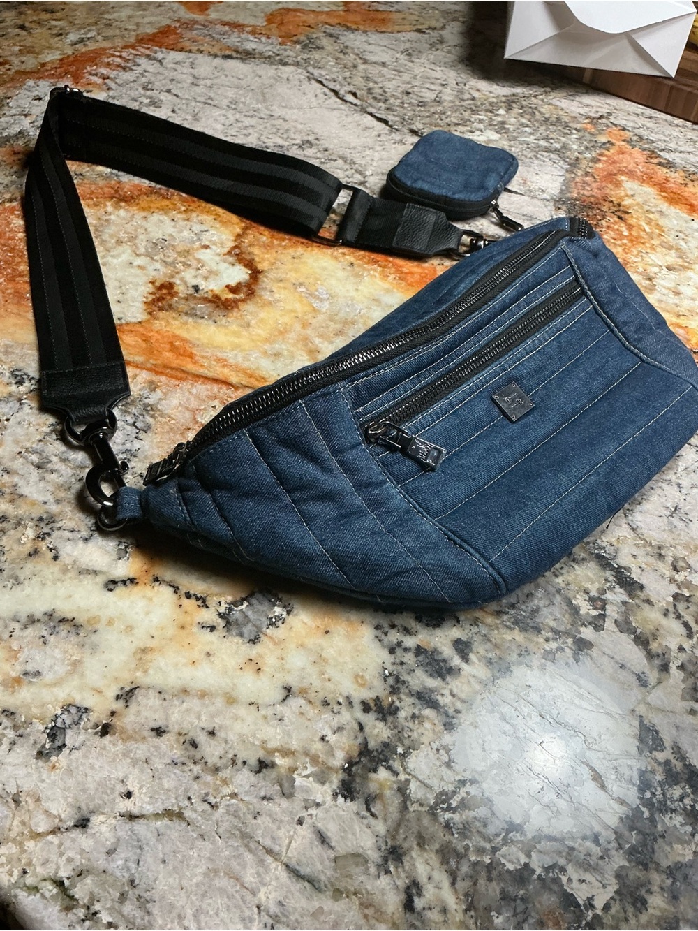 THINK ROYLN Denim Belt Bag in Blue with Black Strap